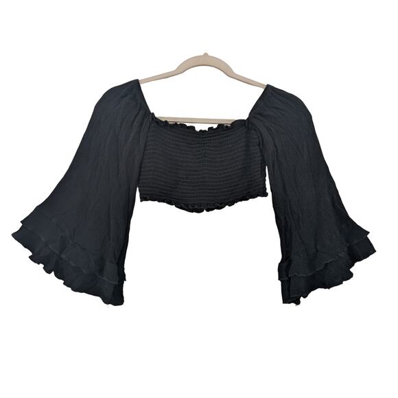 Windsor Smocked Crop Top M Black‎ Long Bell Sleeves Off Shoulder Casual Staple - Picture 1 of 9